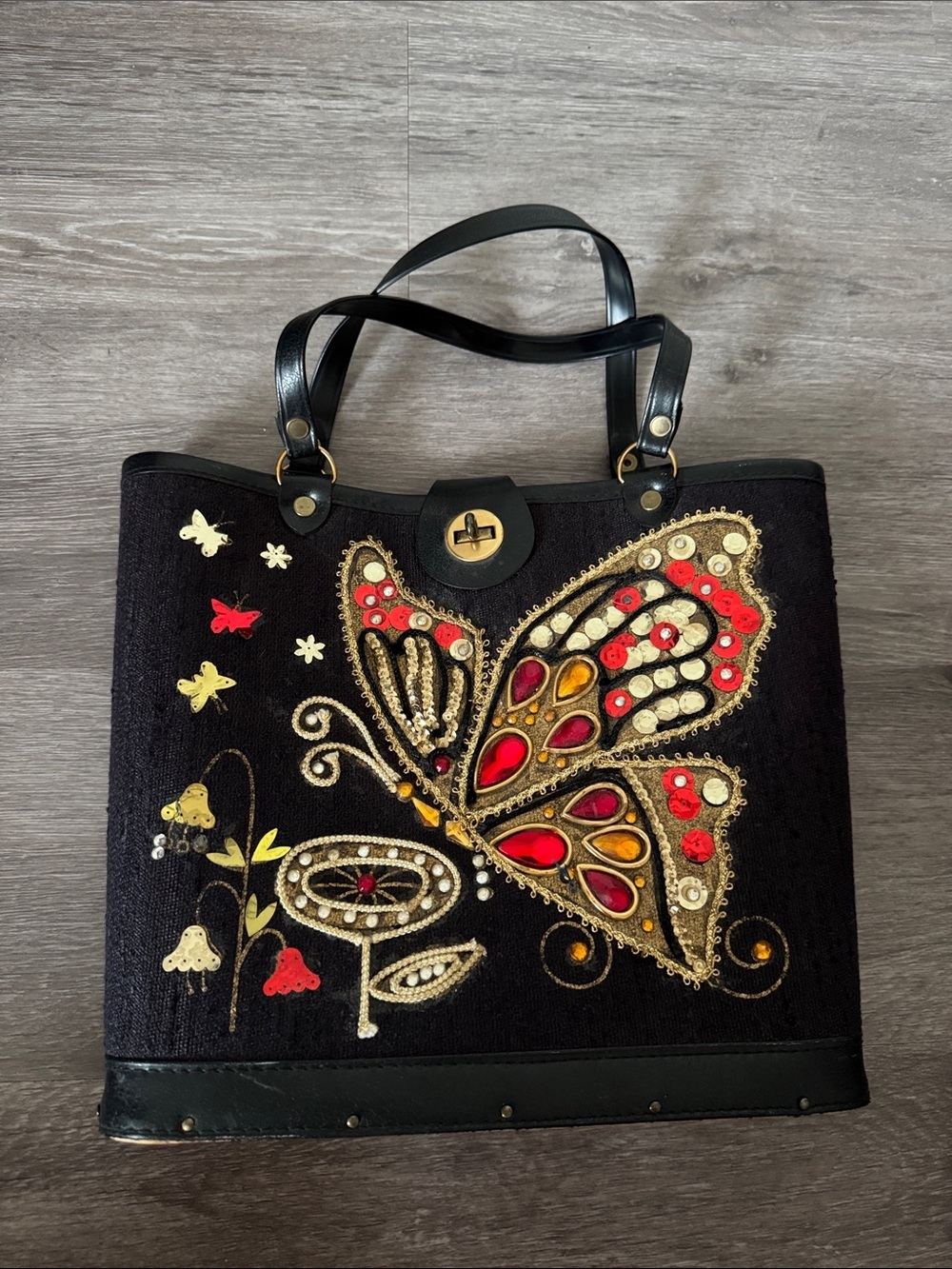 Vintage Black Butterfly Embellished Tote Bag - Picture 2 of 9